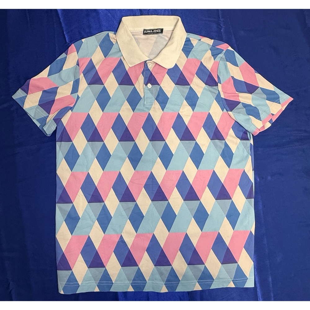 PJ Paul Jones Men's Lage Blue Pink White Geometric Performance Golf Polo Shirt